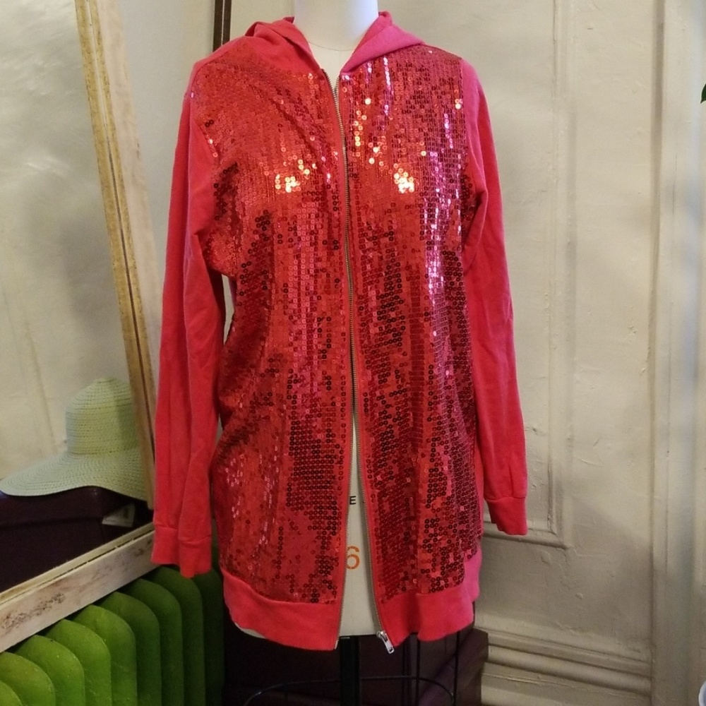 Roaman's Red Sequin Hoodie Sweatshirt Jacket